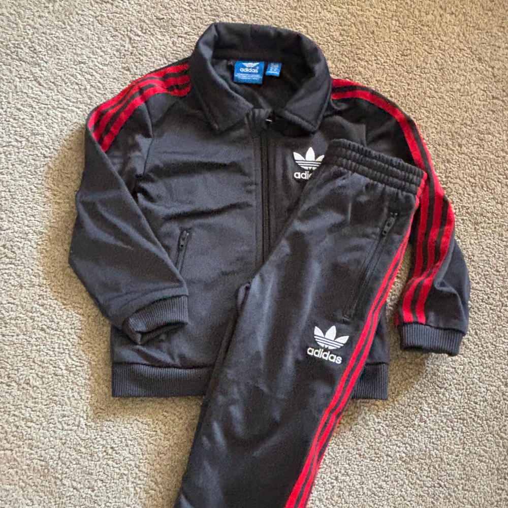 Adidas Kids Black Joggers with Red Stripes